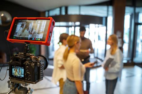 Un equipo de filmación en un vestíbulo mientras un grupo de personas interactúa.