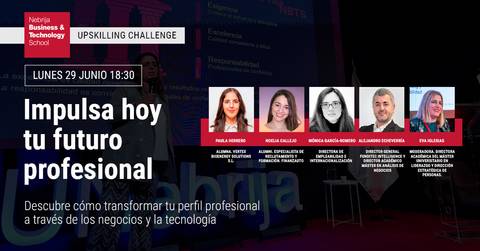 Anuncio de un evento sobre desarrollo profesional en la Navarra Business & Technology School.