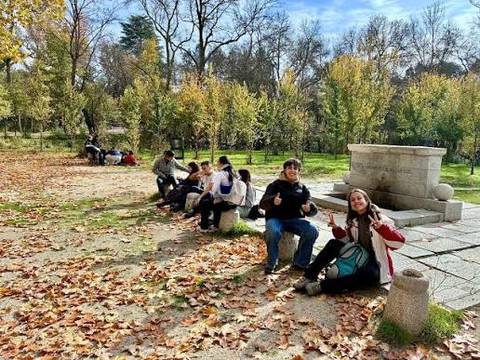 Un grupo de personas se sienta en un parque rodeado de árboles y hojas caídas en otoño.