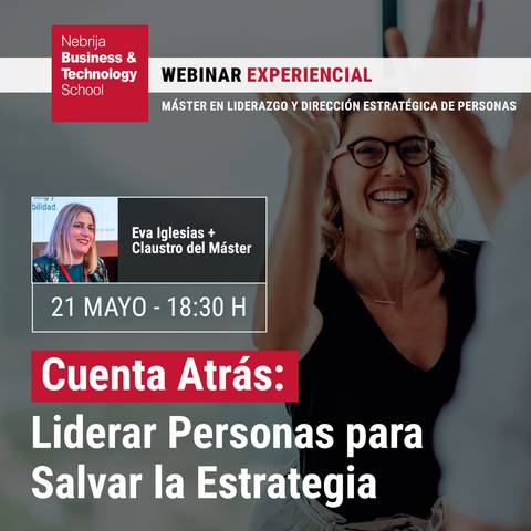 Anuncio de un webinar sobre liderazgo y estrategia dirigido por Eva Iglesias.