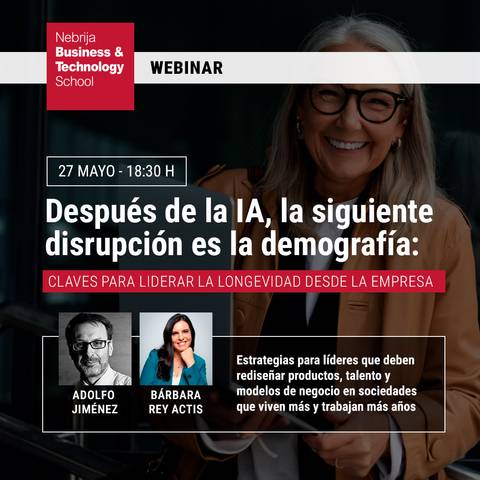 Imagen promocional de un webinar sobre la demografía y la longevidad en el ámbito empresarial.