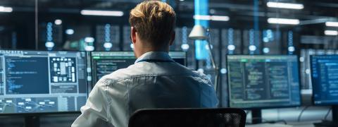 Una persona trabaja en varios monitores en un entorno tecnológico oscuro.