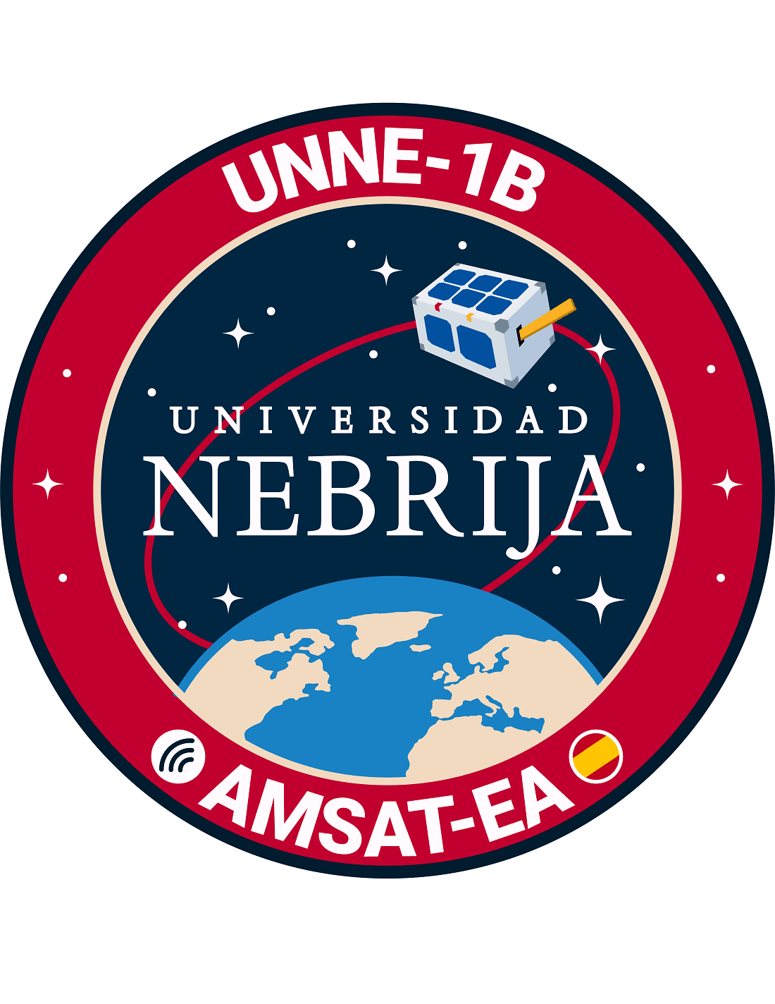 Logo de la Universidad Nebrija con un satélite y la Tierra de fondo.